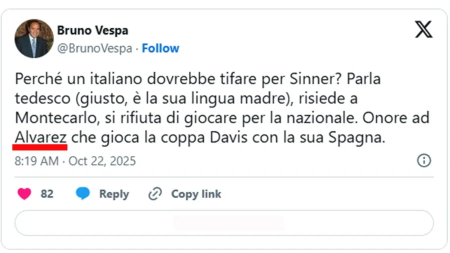 Bruno Vespa attaque Jannik Sinner mais manque deux noms
